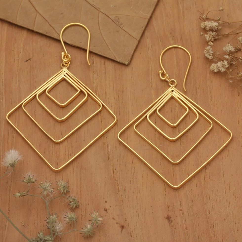 Diamond-Shaped 18k Gold-Plated Brass Dangle Earrings 'Victorious Orbits'