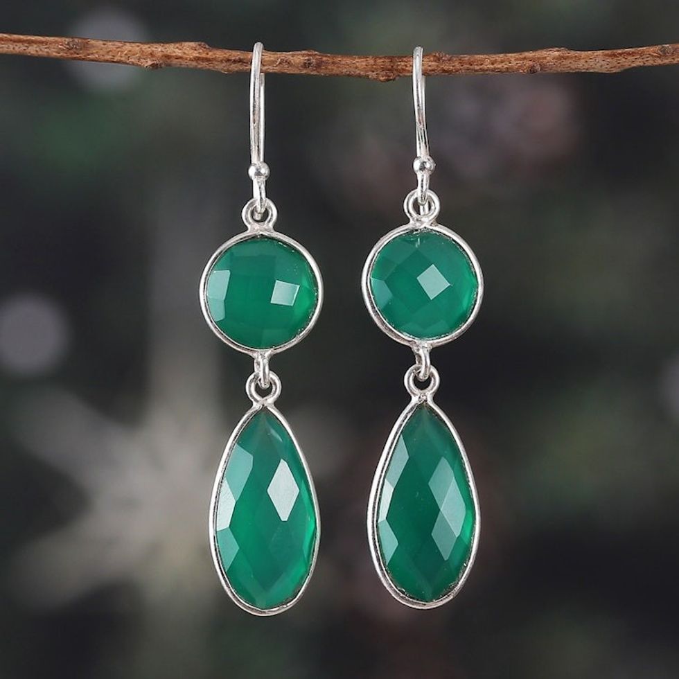 Sterling Silver Dangle Earrings with Green Onyx Stones 'Verdant Glam'