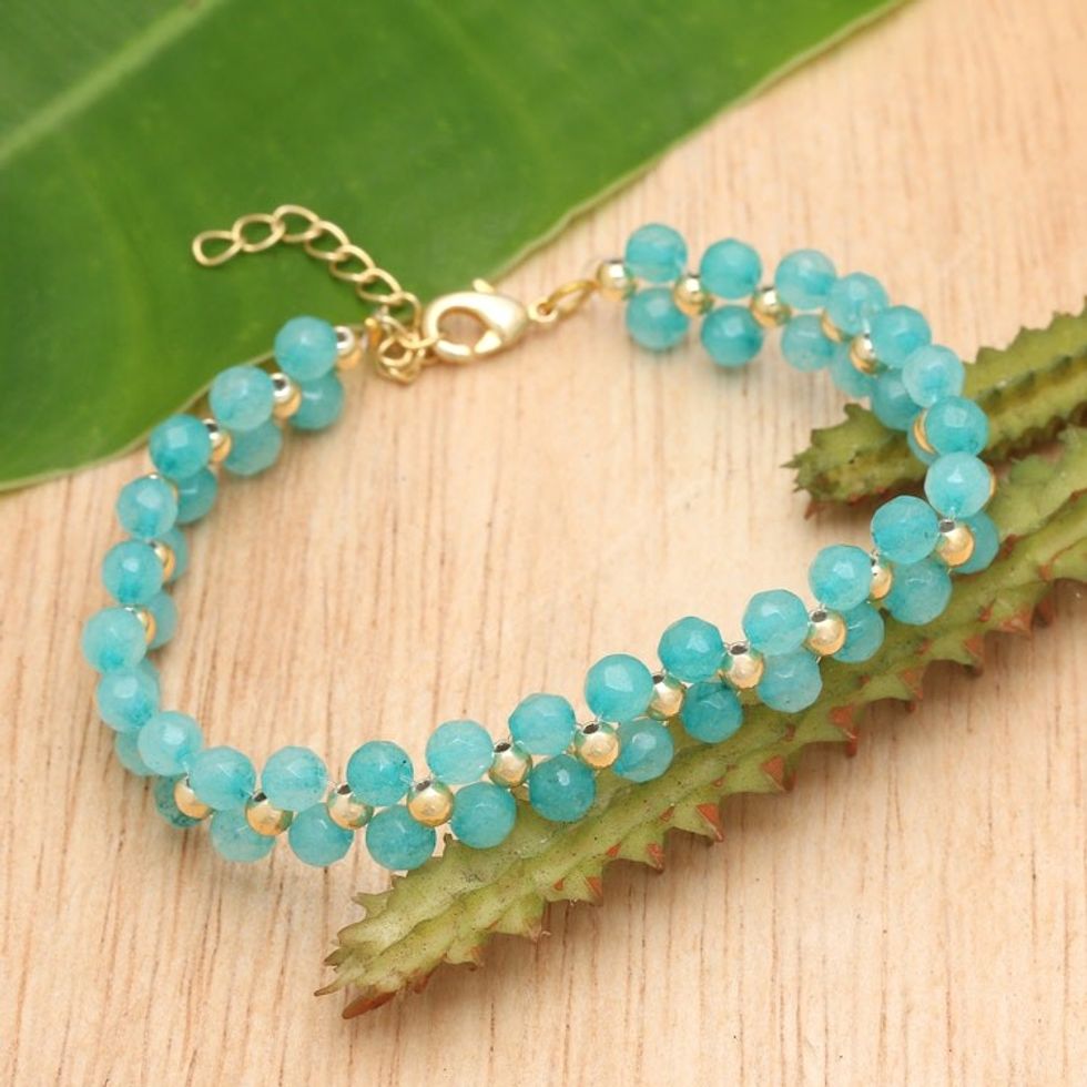 Gold-Accented Adjustable Amazonite Beaded Wristband Bracelet 'Sea Splendor'