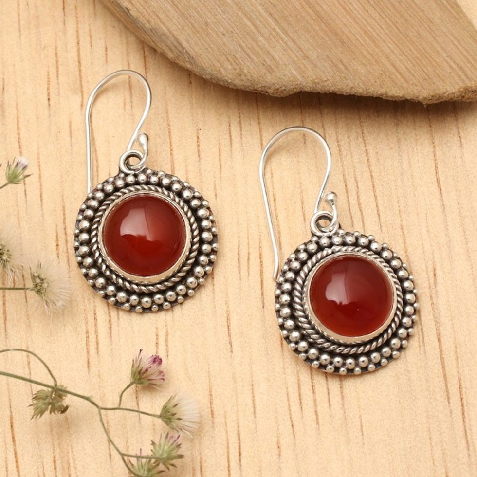 Carnelian Dangle Earrings in Polished and Oxidized Finishes 'Fiery Cycle'