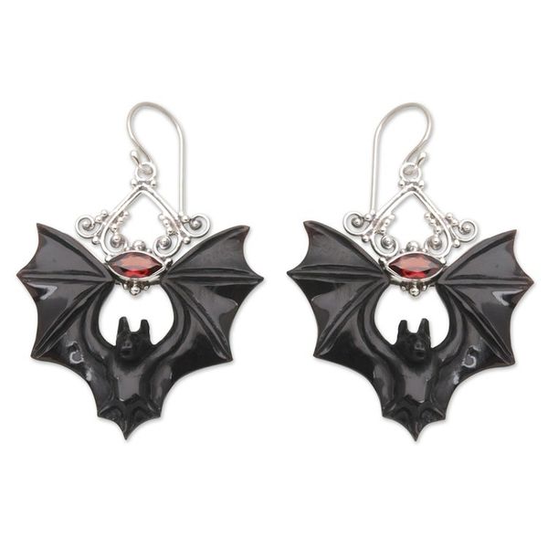 Alternate image for Horn Garnet Sterling Silver Bat Dangle Earrings from Bali Midnight Bat