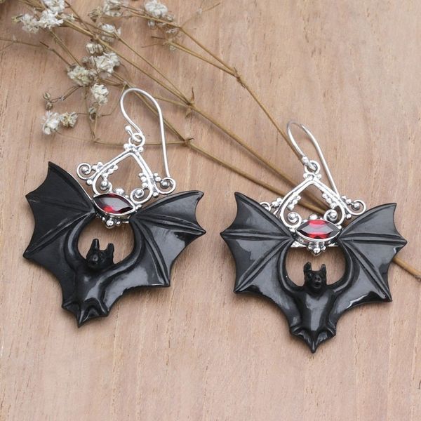 Alternate image for Horn Garnet Sterling Silver Bat Dangle Earrings from Bali Midnight Bat