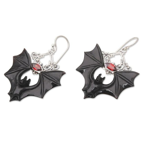 Alternate image for Horn Garnet Sterling Silver Bat Dangle Earrings from Bali Midnight Bat