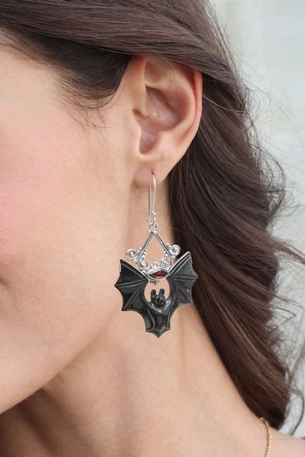 Alternate image for Horn Garnet Sterling Silver Bat Dangle Earrings from Bali Midnight Bat