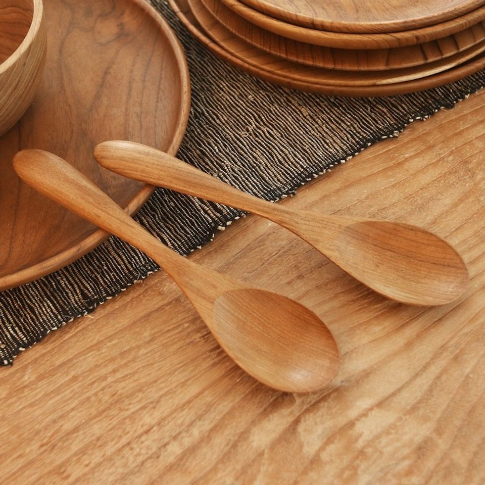 Hand Made Teak Wood Salad Spoons from Bali Pair 'Hearty Meal'