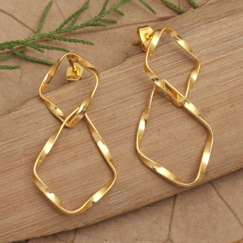 Polished Modern 18k Gold-Plated Dangle Earrings from Bali 'Twists of Triumph'
