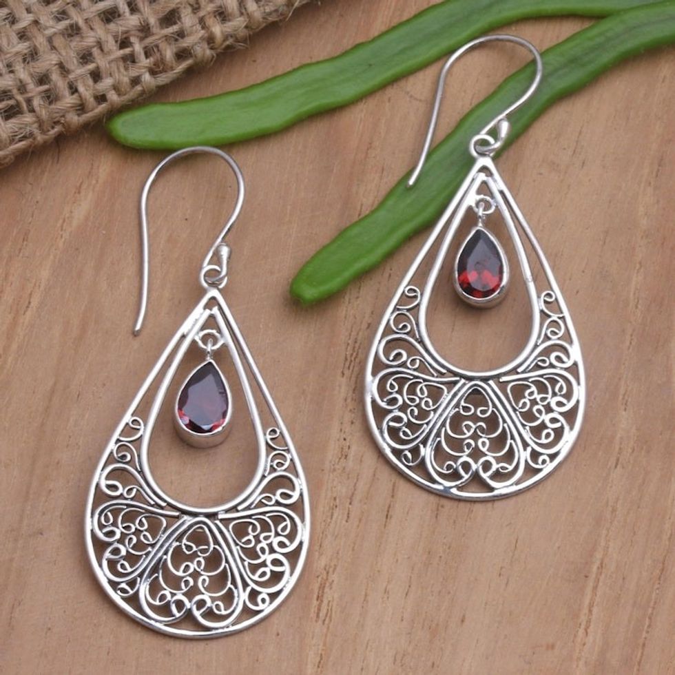 Handmade Garnet and Sterling Silver Dangle Earrings 'Ethereal Love'
