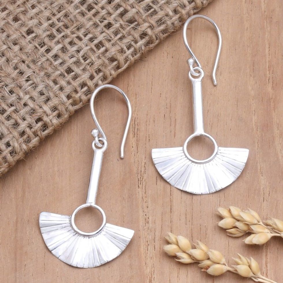 Artisan Crafted Sterling Silver Dangle Earrings 'Handheld Fan'