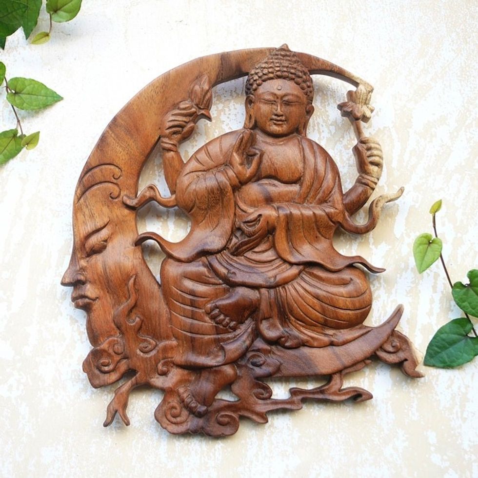 Buddha-Themed Suar Wood Relief Panel 'Dreaming Buddha'
