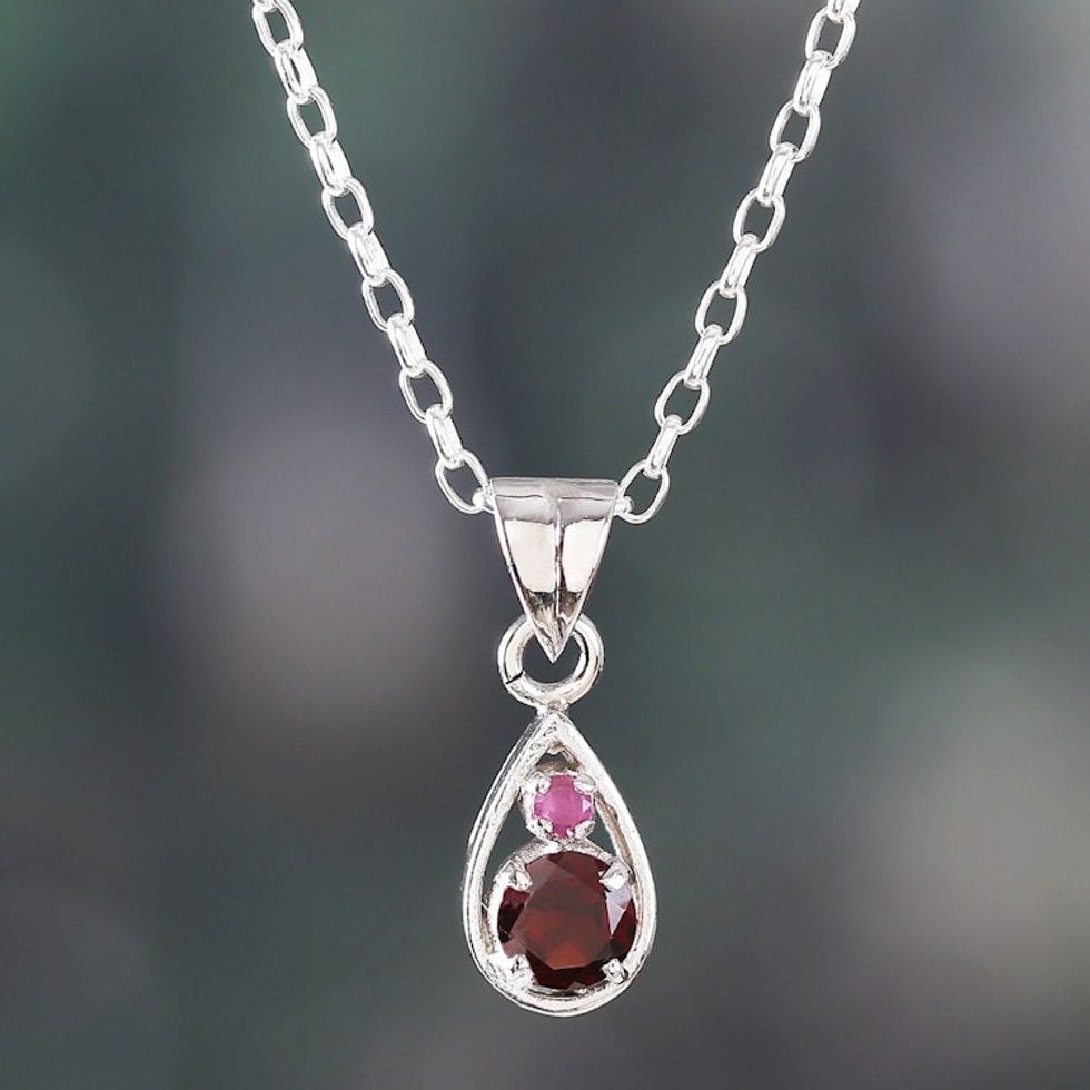 Round Garnet and Ruby Pendant Necklace Handmade in India 'Romantic Caprice'