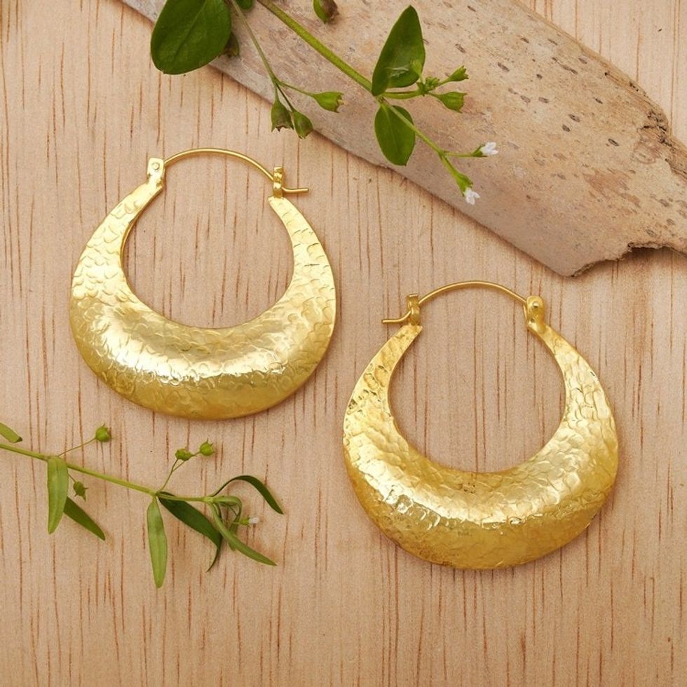 Classic Moon-Inspired Gold-Plated Hoop Earrings from Bali 'Gold Moonlight'