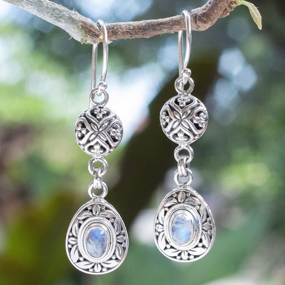 Leafy Sterling Silver Rainbow Moonstone Dangle Earrings 'Harmonious Summer'