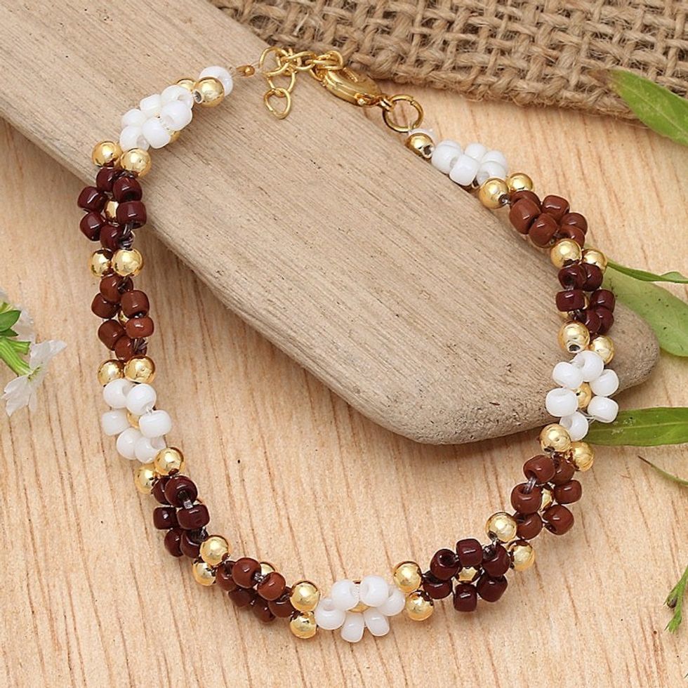 Floral Gold-Plated White and Brown Crystal Beaded Bracelet 'Bohemian Prime'
