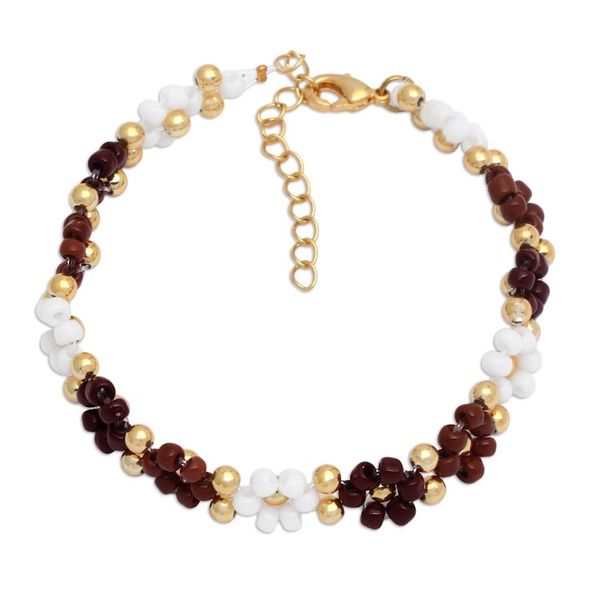 Alternate image for Floral Gold-Plated White and Brown Crystal Beaded Bracelet Bohemian Prime