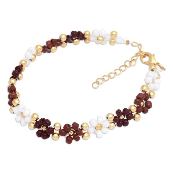 Alternate image for Floral Gold-Plated White and Brown Crystal Beaded Bracelet Bohemian Prime