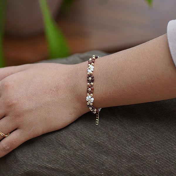 Alternate image for Floral Gold-Plated White and Brown Crystal Beaded Bracelet Bohemian Prime