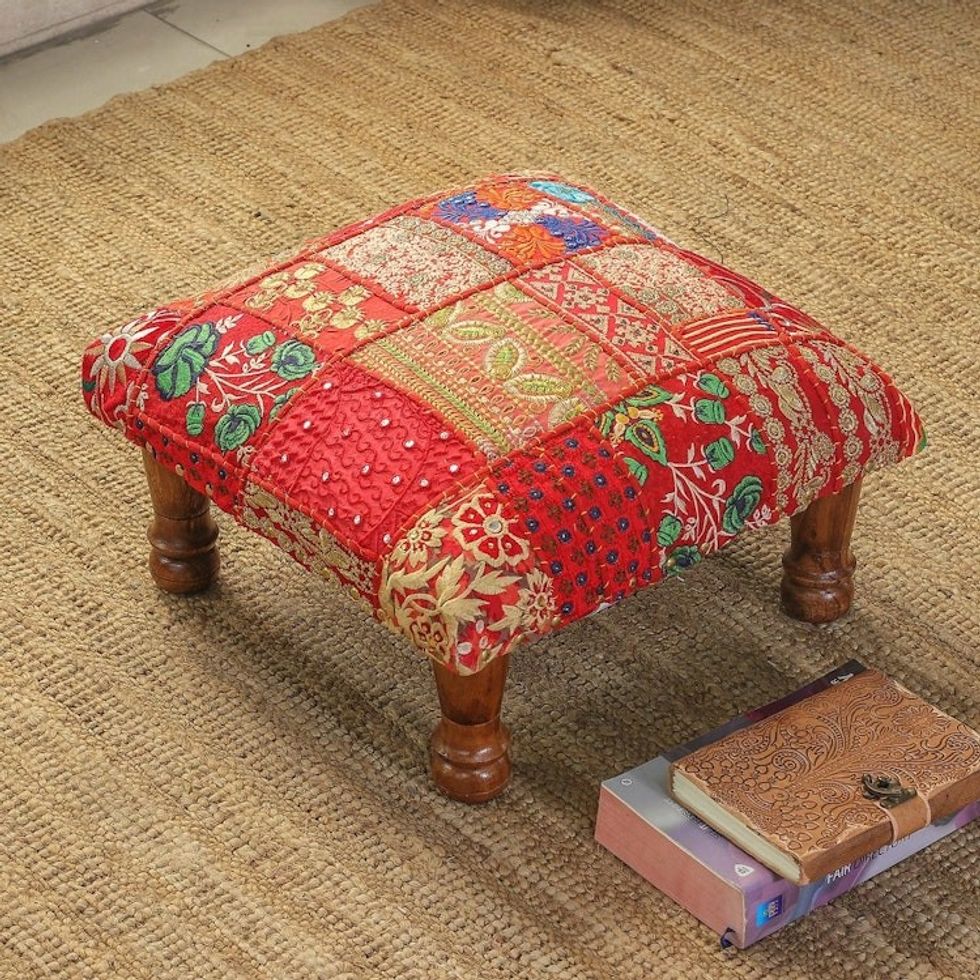 Embellished Patchwork Ottoman Footstool in a Warm Palette 'Regal Celebration'