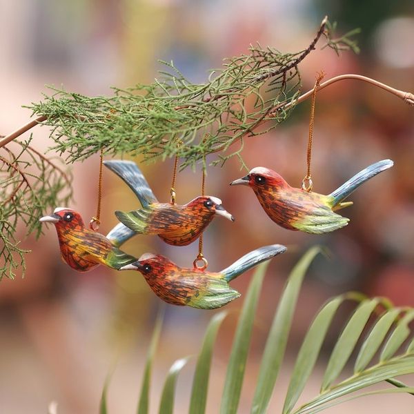 Alternate image for Handcrafted Jempinis Wood Bird Ornaments Set of 4 Avian Blessing