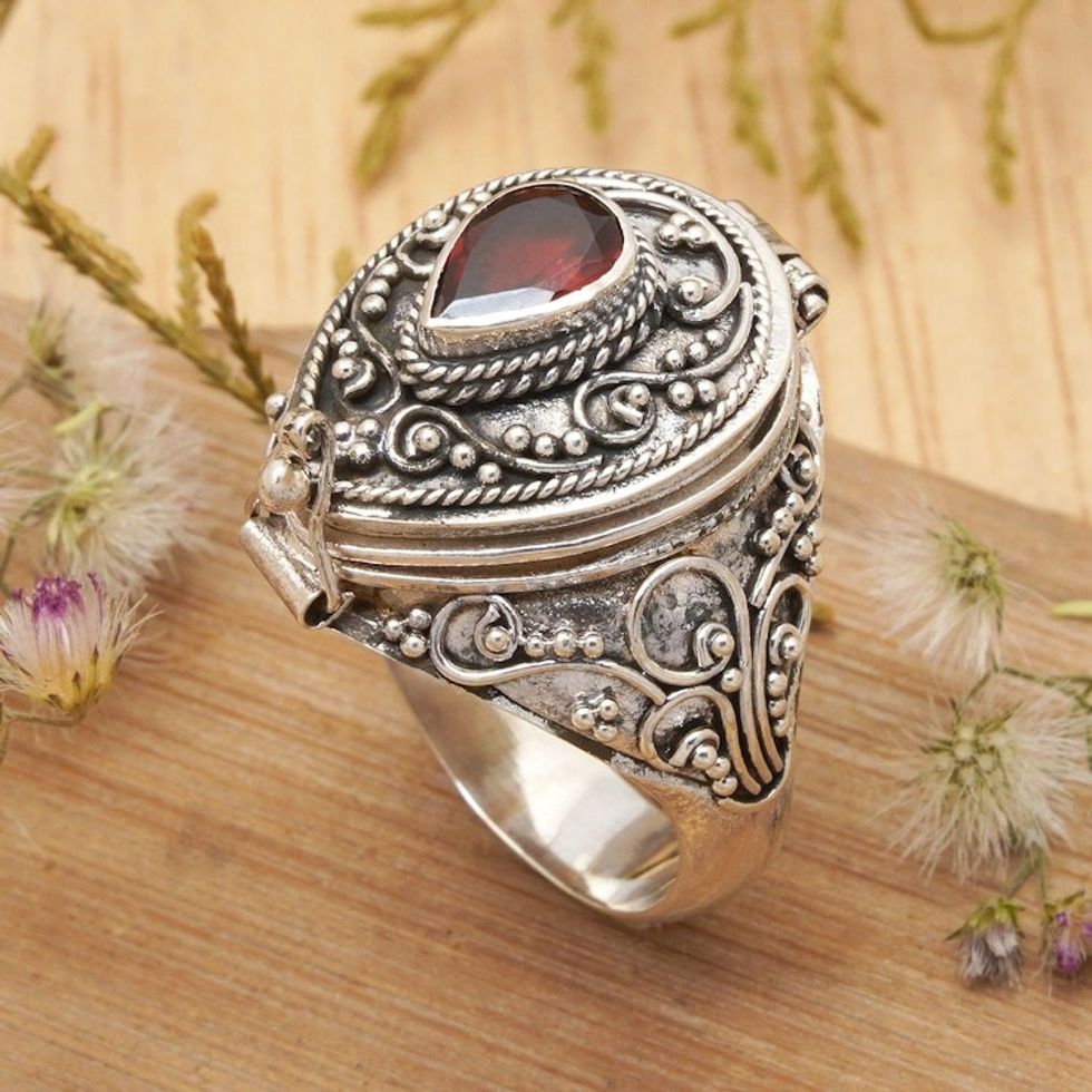 Handcrafted Sterling Silver and Garnet Locket Ring 'Secret Love'