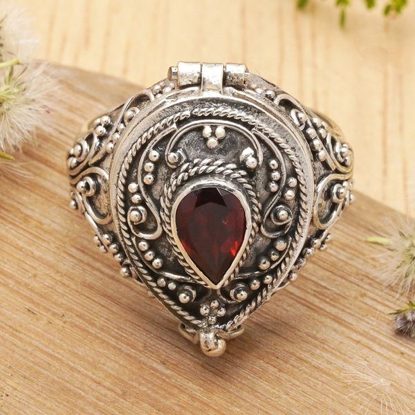 Alternate image for Handcrafted Sterling Silver and Garnet Locket Ring Secret Love