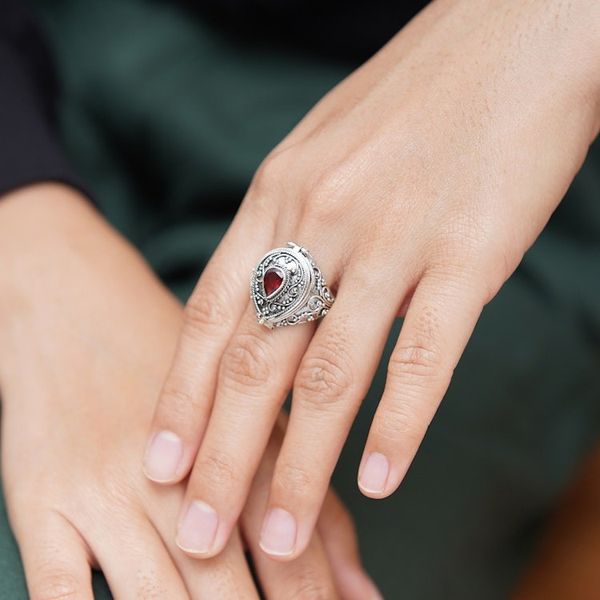 Alternate image for Handcrafted Sterling Silver and Garnet Locket Ring Secret Love