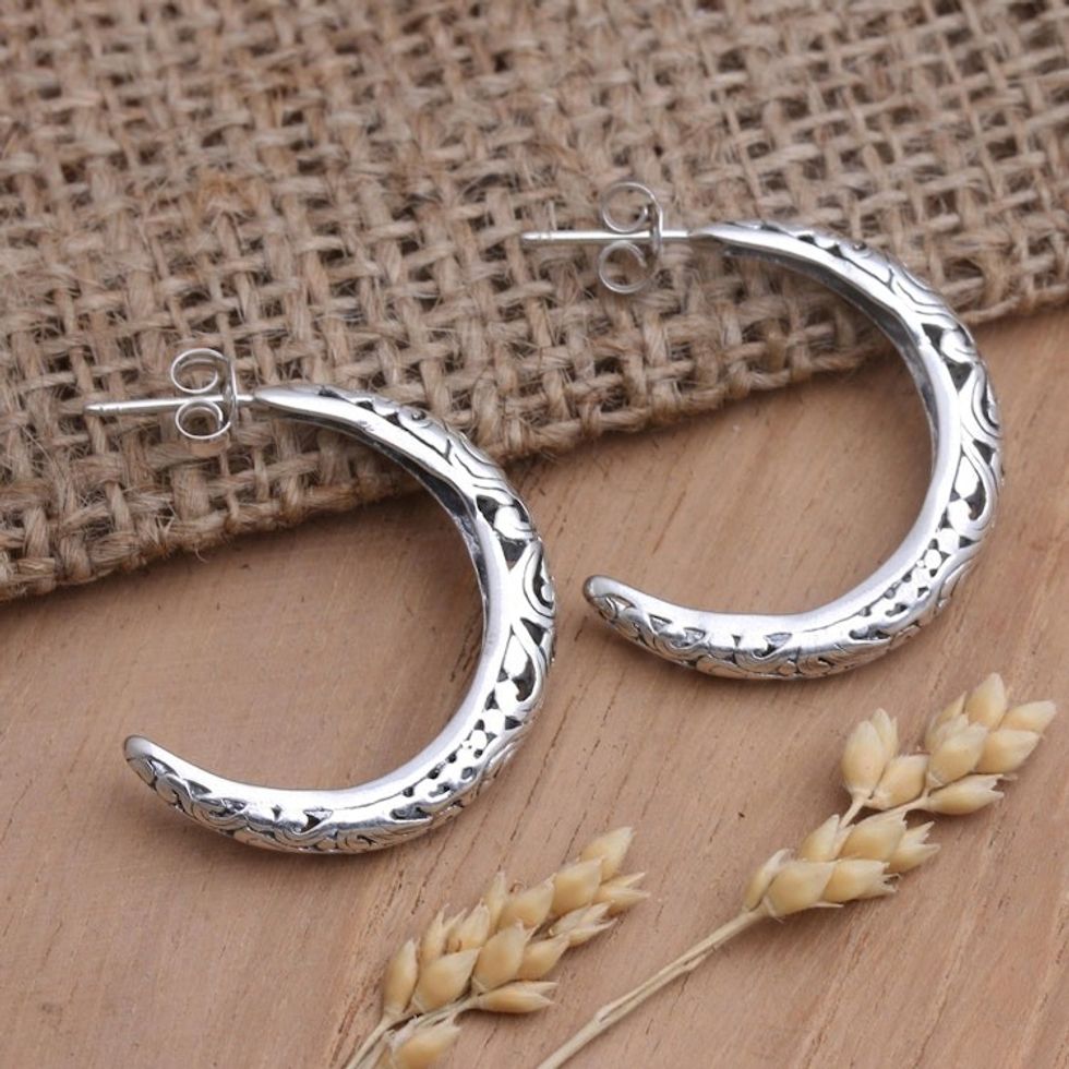 Artisan Crafted Sterling Silver Half-Hoop Earrings 'Regal Glance'