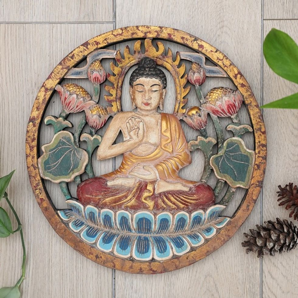 Hand-Painted Lotus-Themed Suar Wood Relief Panel of Buddha 'Buddha's Paradise'