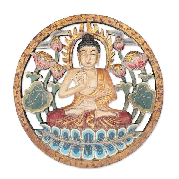 Alternate image for Hand-Painted Lotus-Themed Suar Wood Relief Panel of Buddha Buddhas Paradise