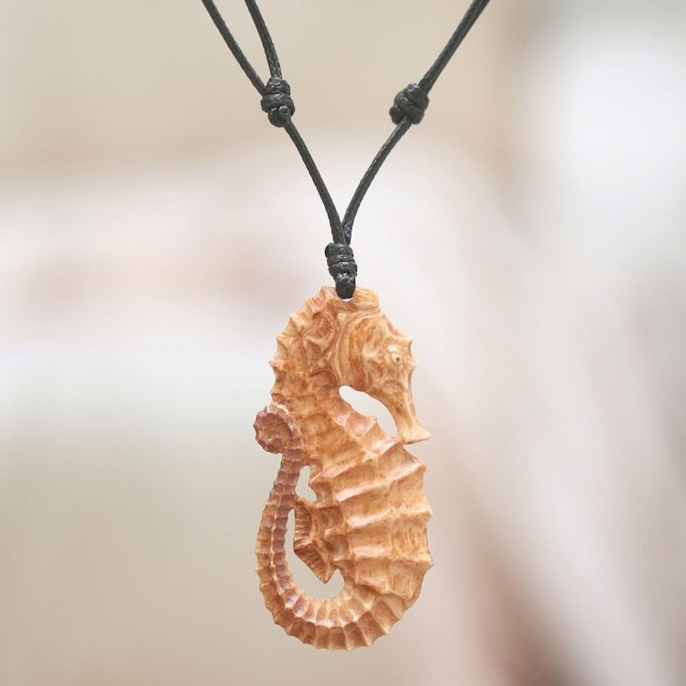 Hand-Carved Seahorse-Themed Cotton Cord Pendant Necklace 'Warrior of the Sea'