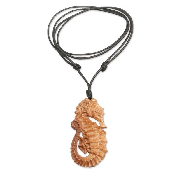 Alternate image for Hand-Carved Seahorse-Themed Cotton Cord Pendant Necklace Warrior of the Sea