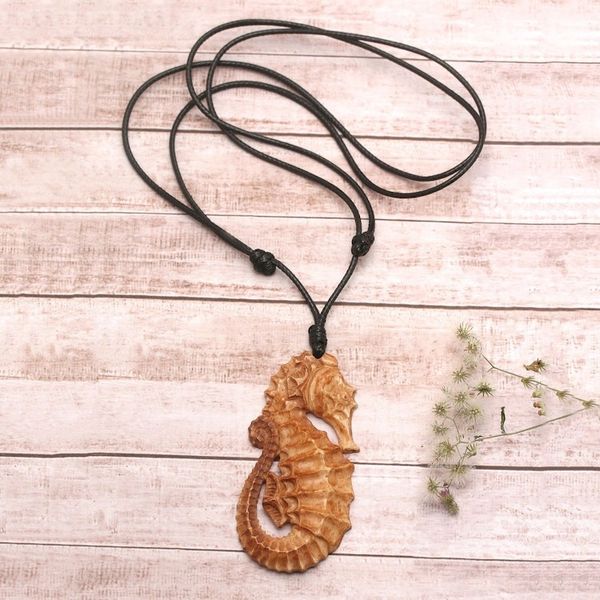 Alternate image for Hand-Carved Seahorse-Themed Cotton Cord Pendant Necklace Warrior of the Sea