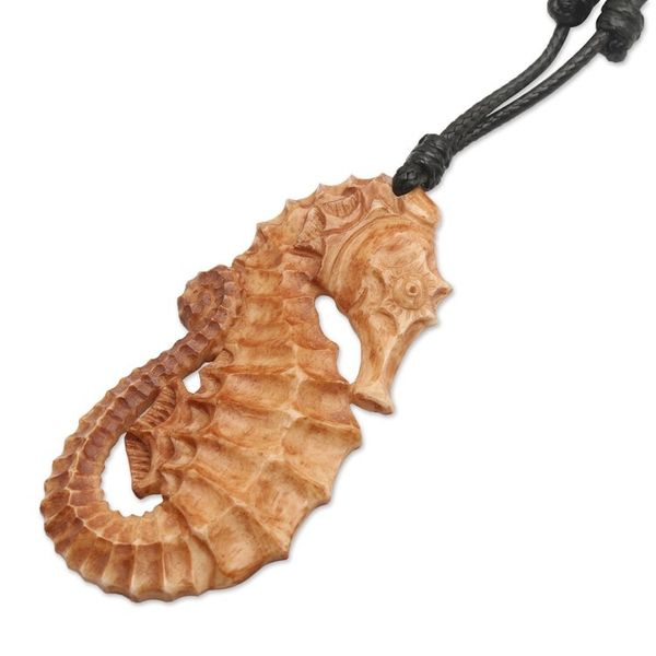 Alternate image for Hand-Carved Seahorse-Themed Cotton Cord Pendant Necklace Warrior of the Sea