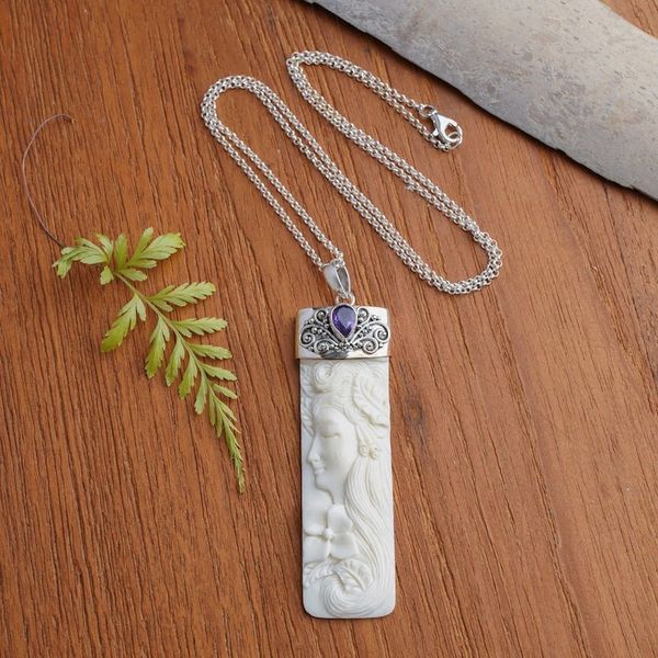 Alternate image for Amethyst and Bone Pendant Necklace from Bali Nature Goddess