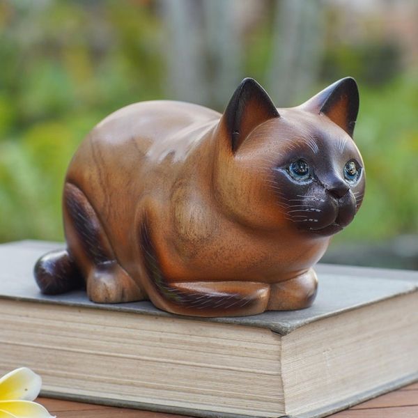 Alternate image for Handcrafted Balinese Suar Wood Statuette Fat Cat in Brown