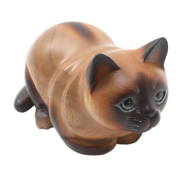 Alternate image for Handcrafted Balinese Suar Wood Statuette Fat Cat in Brown
