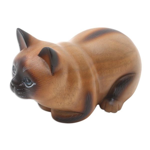 Alternate image for Handcrafted Balinese Suar Wood Statuette Fat Cat in Brown