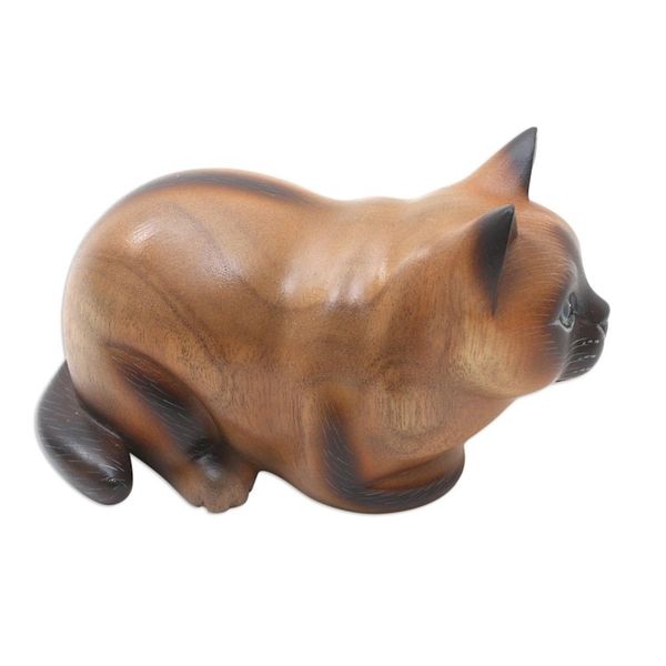 Alternate image for Handcrafted Balinese Suar Wood Statuette Fat Cat in Brown