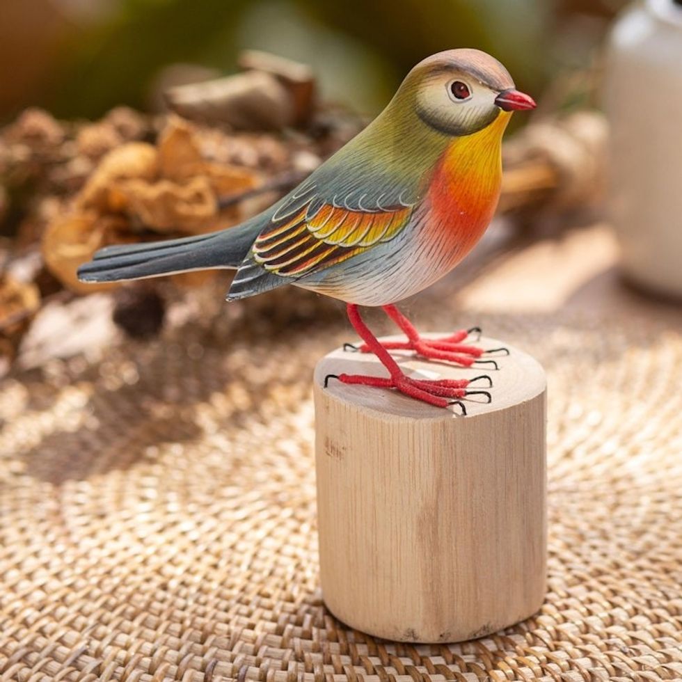 Hand-Carved and Hand-Painted Teak Suar Wood Bird Statuette 'Warbler'