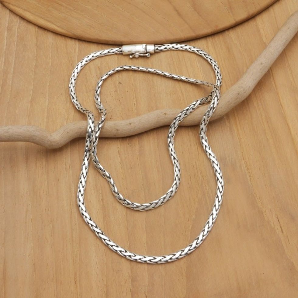 Men's Sterling Silver Necklace with Polished Wheat Chain 'Shining Strength'