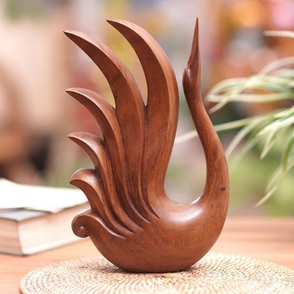 Alternate image for Hand-Carved Brown Suar Wood Sculpture of Elegant Swan Divine Swan
