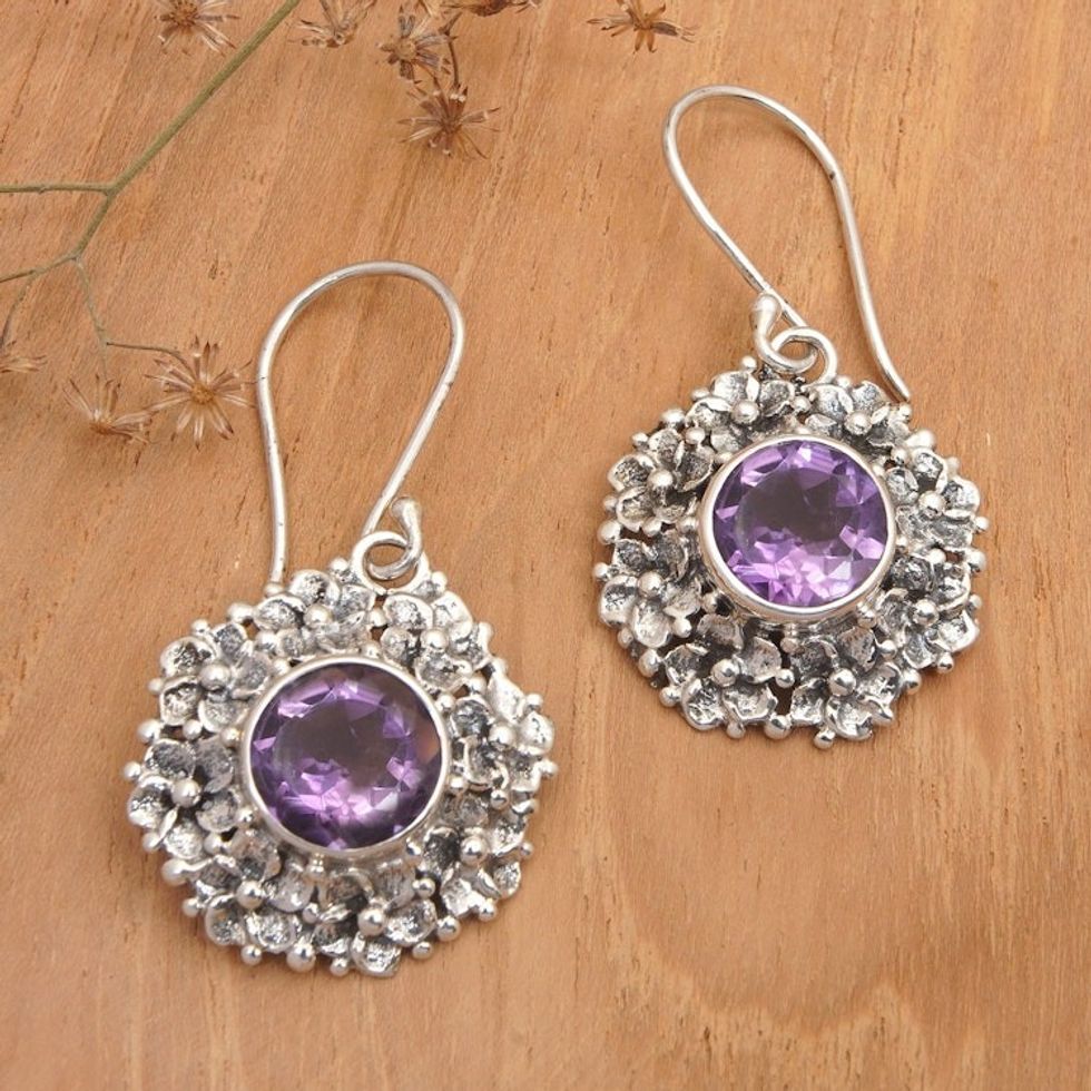 Amethyst and Silver Dangle Earrings with Frangipani Motif 'Purple Frangipani'