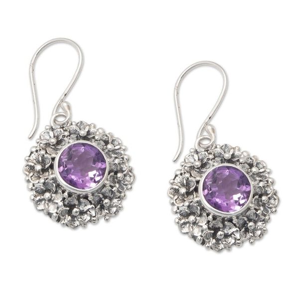 Alternate image for Amethyst and Silver Dangle Earrings with Frangipani Motif Purple Frangipani