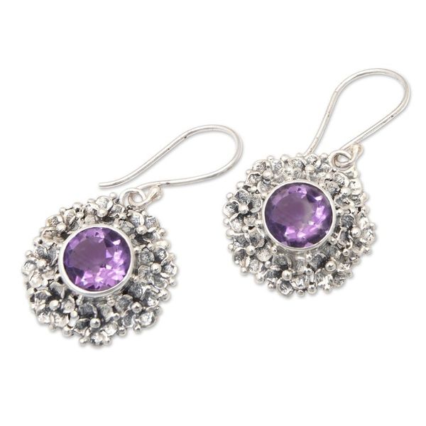 Alternate image for Amethyst and Silver Dangle Earrings with Frangipani Motif Purple Frangipani