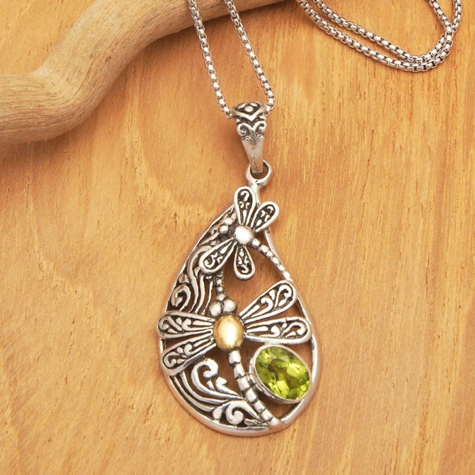 18k Gold-Accented Dragonfly Pendant Necklace with Peridot 'Lucky Transformation'