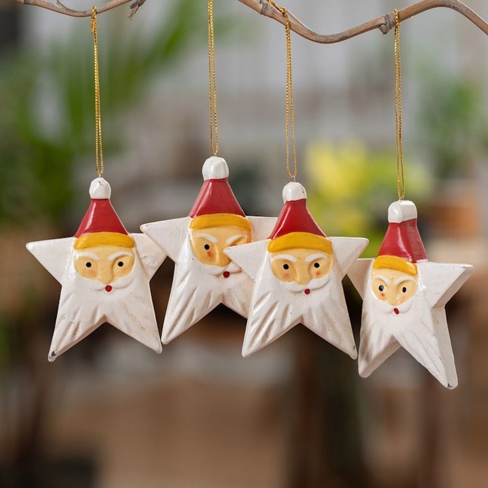 Painted Set of 4 Star-Shaped Albesia Wood Santa Ornaments 'Santa Constellation'