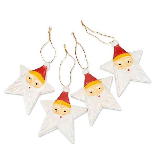 Alternate image for Painted Set of 4 Star-Shaped Albesia Wood Santa Ornaments Santa Constellation