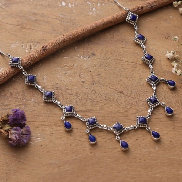 Alternate image for Handmade Lapis Lazuli and Sterling Silver Jewelry from India Queen of Diamonds