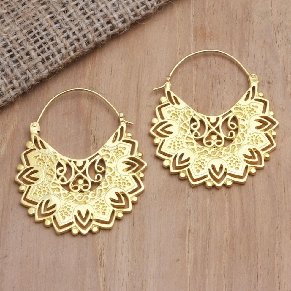 Hand Crafted Gold-Plated Brass Hoop Earrings 'Lustrous Love'