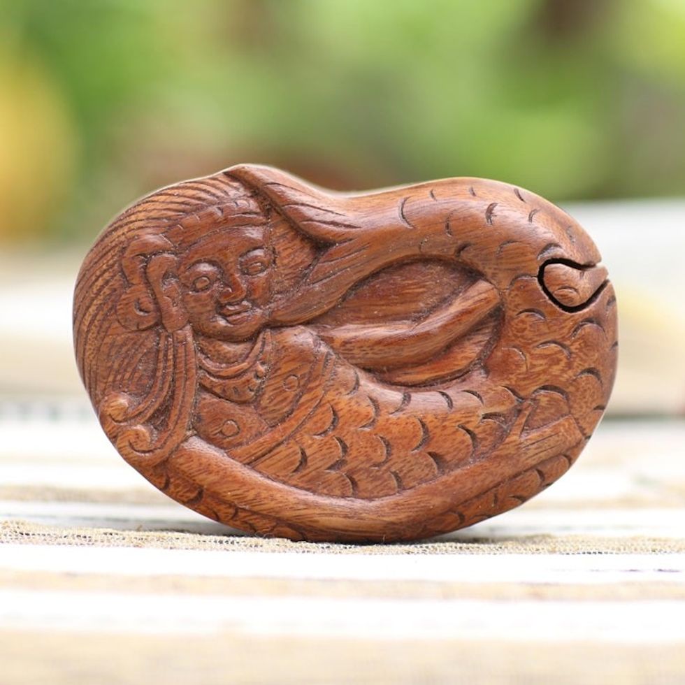 Hand Carved Suar Wood Mermaid Puzzle Box 'Mermaid Dance'