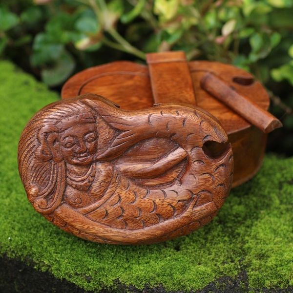Alternate image for Hand Carved Suar Wood Mermaid Puzzle Box Mermaid Dance